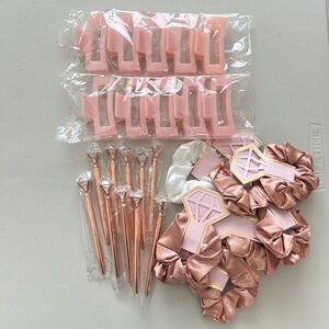 Bridal PINK party favors/accessories- Set of Pens, hair ties and jaw clip